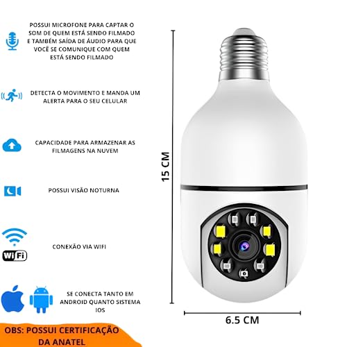 Câmera Lâmpada de Segurança Full Hd Ip Wifi Giratória 360 Visão Noturna Com Sensor de Movimento E In
