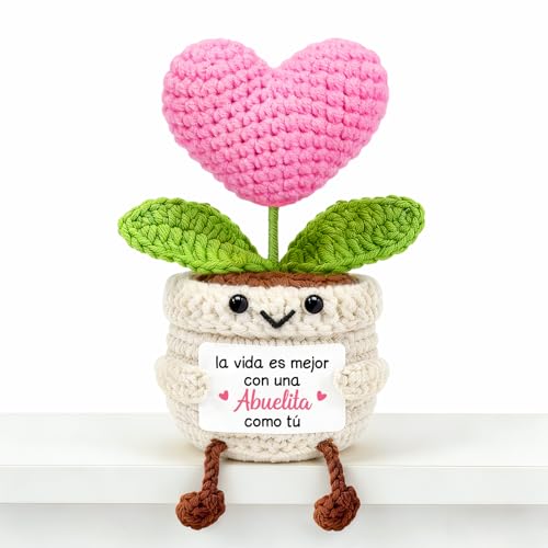 Aurasky Corazón de Ganchillo con Maceta Sonriente – Tarjeta «Vida Mejor con una Abuelita» – Regalo Emocional para Abuela en Fête Des Grands-Mères, Cumpleaños – Decoración Positiva para Hogar