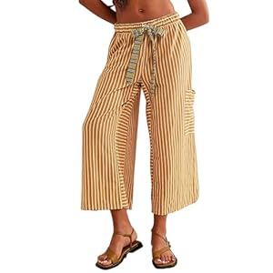 Women Striped High Waist Wide Leg Palazzo Pants Trousers Drawstring Cropped Pants with Pockets Capris Pants