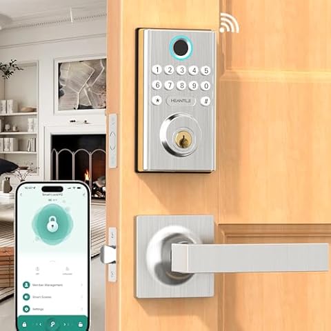WiFi Keyless Entry Door Lock - HEANTLE Smart Lock Handle Set with Keypad Front Door Smart Locks Electronic Deadbolt Digital Fingerprint Lock Bluetooth Alexa Auto Lock App WiFi Remote Control Cover