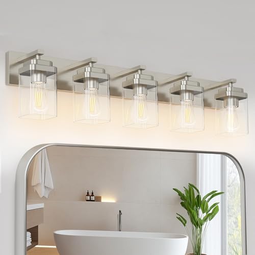 Image of Brushed Nickel Bathroom Light Fixtures, 5 Lights Bathroom Lighting Fixtures Over Mirror, Square Design & Rectangle Large Backplate, Modern Vanity Lighting Fixtures, for Living Room /Bedroom