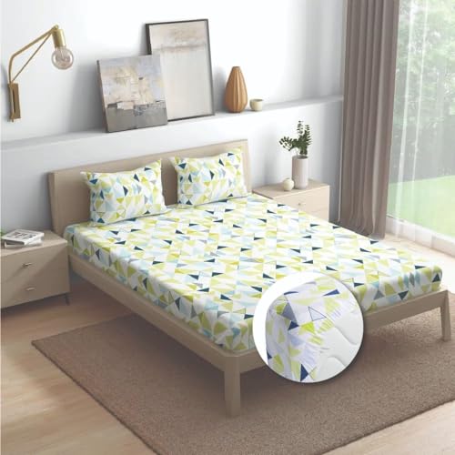 Wakefit Cotton Fitted Bedsheet | 160 TC Elastic Fitted Sheet, Queen Bed Bedsheet With 2 Pillow Geometric Covers | Maze - 78X60 Inches, Yellow