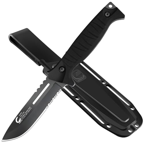 CuCut Full Tang Fixed Blade Knife with Sheath - 4-inch Carbon Steel Blade, Black Non-Stick Finish with Serrated Edge, PP Handle Camping Knife for Outdoor, Survival, Hiking