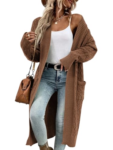 Image of Onedreamer Womens Long Cardigan Sweaters Open Front Cable Knit with Pockets