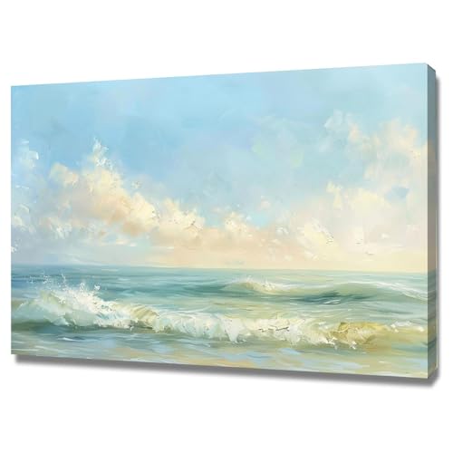 Tableau vagues de mer 70x100cm encadré pour décoration murale moderne WODJEM