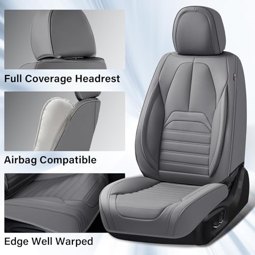 Image of Coverado Car Seat Covers Full Set, Gray Seat Covers for Cars, Automotive Seat Covers, Waterproof Nappa Leather Front Seats and Back Car Seat Protector, Universal Fit for Most Cars SUV Trucks