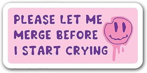 Image of WSQ Funny inchPlease Let Me Merge Before I Start Crying inch Bumper Sticker - 8 inch Waterproof Pink Vinyl Car Decal - Cute Sarcastic Driving Sticker for Women, Teens, New Drivers