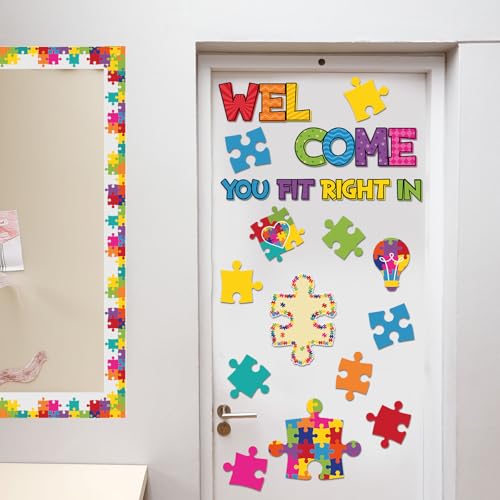 Pasimy 113 Pcs Welcome Bulletin Board Set Puzzle Pieces Classroom Decorations Welcome Fit Right in Puzzle Border Trims Bulb Cutouts for Door Wall Teachers Back to School Kindergarten Bulletin Boards - Thumbnail 5