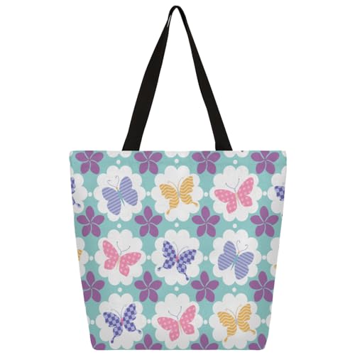 Colorful Patterned Butterflies Large Capacity Canvas Tote Bag Stylish Handheld Shoulder Bag Reusable Shopping Bag for Work Travel Beach Trips Shopping