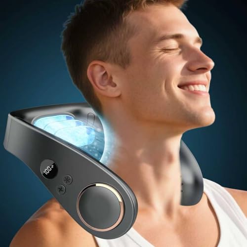 Kouric Neck Fan with Cooling Plate Quiet 35dB Max 24H Cooling USB 5500mAh Battery 5 Speed&Power LED Display Bladeless Fans to Wear Round Personal AC Cooler for Women Men Kids Outdoor Travel Black