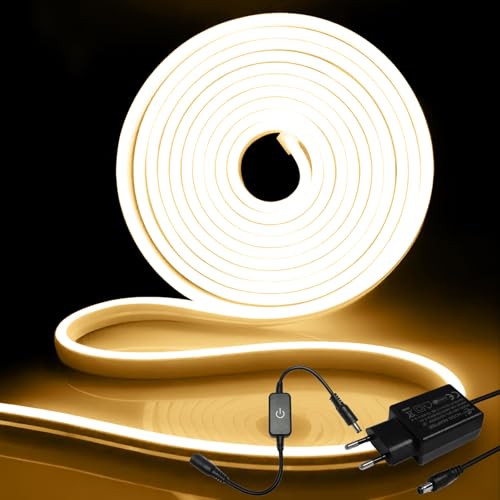 iNextStation Striscia LED Neon 5M Bianco Caldo, 12V IP65 Striscia LED Impermeabile, Tubo Led Flessibile, Con Alimentatore e Controllore, per Interior, Exterior, Bar, Festa, DIY, Insegne Pubblicitarie