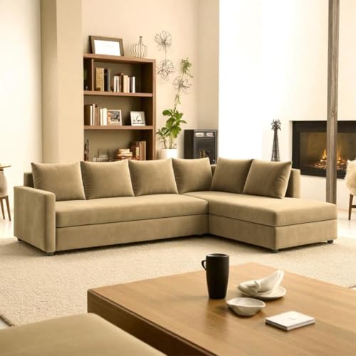 Image of FURNY Gloria 6 Seater Fabric RHS L Shape Sofa Set (Beige) Premium Velvet Finish | Durable Comfort | Ideal for Living Room