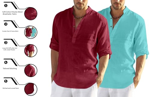 Image of FINIVO FASHION Men's Cotton Blend Solid Full Sleeve Combo Short Kurta Shirt, Regular Fit Solid Pattern Mandarin Collar Straight Kurta Shirt
