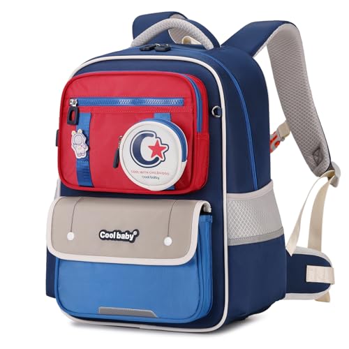 Amythe Schulranzen für Jungen 2.-5. Klasse, ergonomischer Rucksack mit Abnehmbarem Hüftgurt und Münzbeutel, Blau