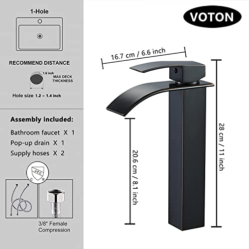 Voton Vessel Sink Faucet Oil Rubbed Bronze Faucet For Bathroom Sink Tall Waterfall Bathroom Faucet Single Handle One Hole Vanity Sink Faucet With Pop-Up Drain #TOP1