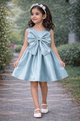 Image of Buy & Try Girls Frock Dress Crystal Moti Embellished Sleeveless Butterfly Design | Knee Length Birthday Dress for Kids with Zipper Closure
