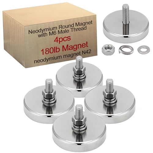 Image of Flutesan 4 Pieces Heavy Duty Round Mounting Magnet with Bolt 1.65in-180lb-M6 Silver with Male Thread Stud Strong Magnet Super Powerful for Lighting Camera Brackets License Plate