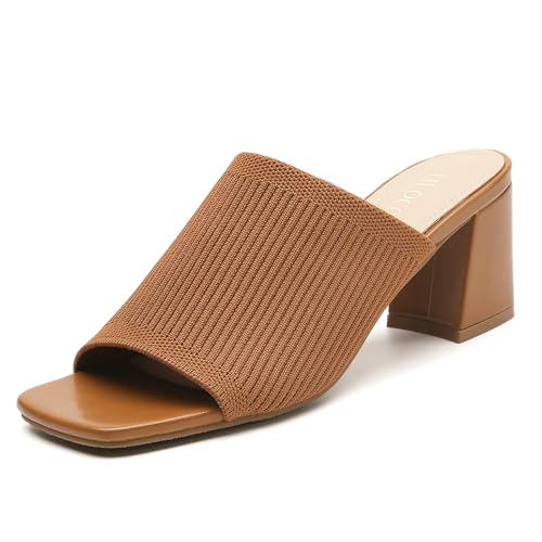 Image of Tilocow Knit Heeled Sandals for Women Square Open Toe Heeled Mules Chunky Block Low Heel Slip On Slides