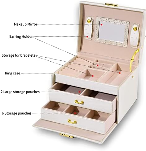 Rainberg Jewellery Box Organiser, Travel Jewellery box, Jewellery Storage Case for Rings, Earrings, Necklace, Bracelets, Faux Leather Jewellery Gift Box For Girls, and Women. (White, Small)