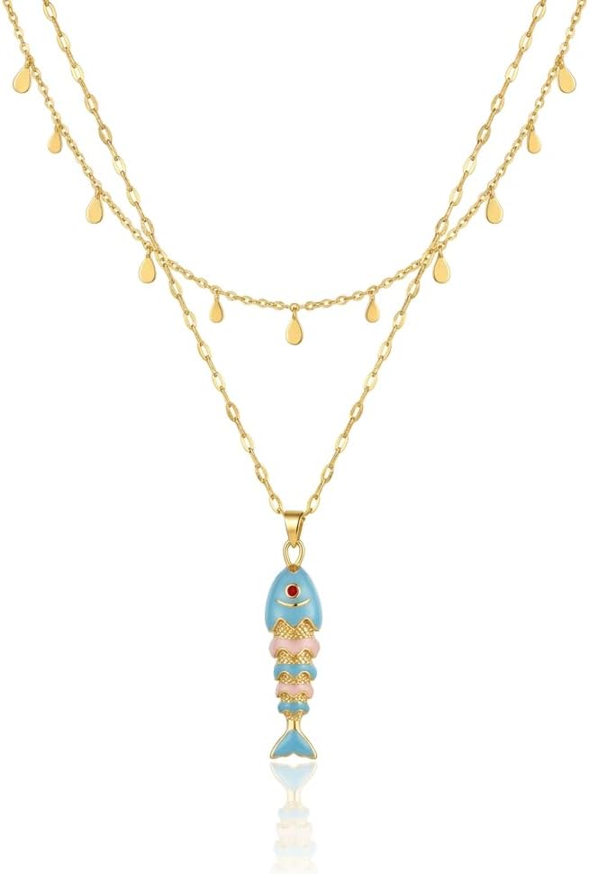 Layered Fish Pendant Necklace for Women, 18K Gold Plated Copper Dainty Double Chain Necklace, Colorful Enamel Fish Charm Jewelry for Beach, Vacation, Daily Wear, Fashion Accessory for Gift
