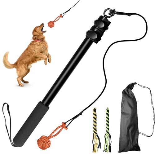Behogan Reizangel Hunde, 102cm Ausziehbar Robuste Flirt Pole mit 2 Beißseile und EIN Ball, Profi Reizangel für Hunde, Robuster und abwaschbarer Griff, für Kleine & Große Hund