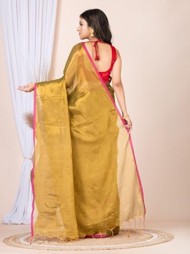 Image of Women's Tissue Cotton Saree | Plain Lightweight Tassel Pallu Saree with Blouse
