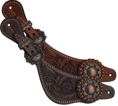 Showman Sporenriemen Argentinien Kuhleder, florales Muster, mit Kupfer-Conchos Pferde-Zaumzeug, Dark Chocolate, Ladies