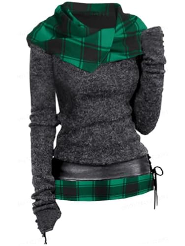 DRESSFO 2024 Women's Knit Hooded Color Block Plaid Shirt Sweatshirt Pullover Sweatshirt Top With Lace-up Belt