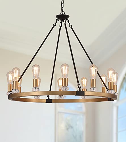 Meixisue Modern Farmhouse Wagon Wheel Chandeliers For Dining Room,Aged Brass Luxury Large High Ceiling Chandelier For Living Room Kitchen Entryway Restaurant Office,W35.4 Ul Listed #TOP23