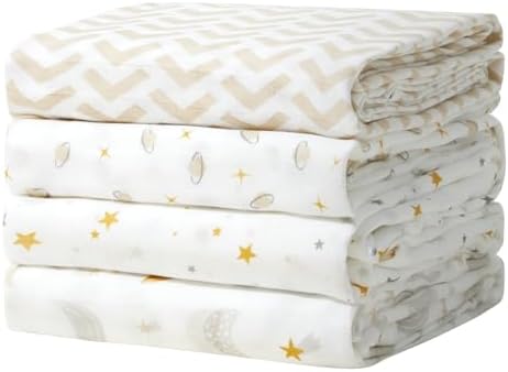 Momcozy Muslin Swaddle Blanket, 4 Pack Ultra Soft Neutral Swaddle Blankets, Breathable Large 47'' x 47'' Baby Infant Newborn Essentials, Boys Girls Receiving Blanket, Beige Star
