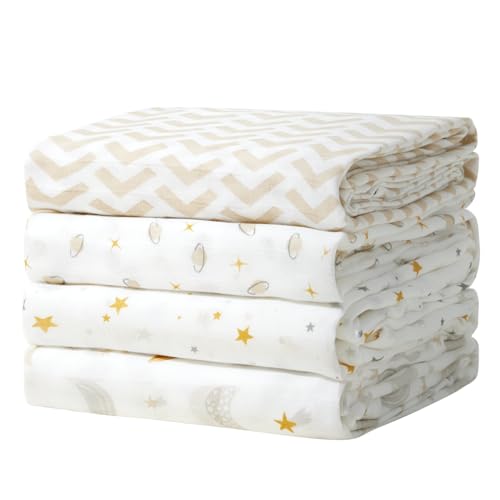 Momcozy - Momcozy Muslin Swaddle Blanket, 4 Pack Ultra Soft Neutral Swaddle Blankets, Breathable Large 47'' x 47'' Baby Infant Newborn Essentials, Boys Girls Receiving Blanket, Beige Star