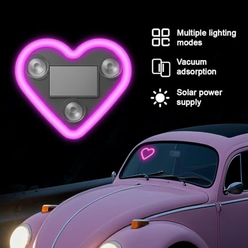Image of Car LED Ambient Light Heart Shape with Solar & USB Charging - Neon Interior Windshield Decoration Lamp with Light Sensor, 5 Modes & Suction Mount for Cars, Romantic Night Driving Accessory