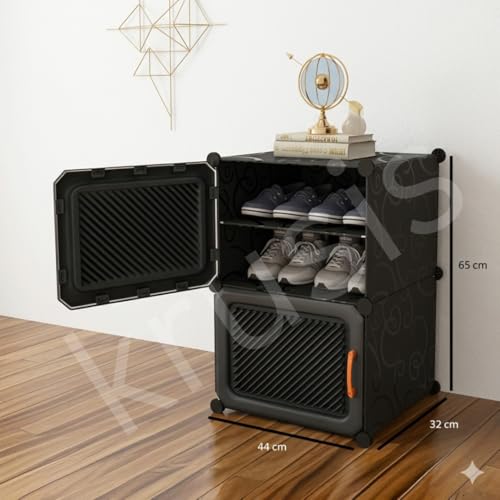 Image of 4𝐒𝐡𝐞𝐥𝐟 Shoe Rack with Door Plastic Shoe Rack for Home Storage PP Plastic Organizer with Metal Door Frame, Chappal Slipper Sandals Stand Home with for Entryway, Bedroom Living Room(Gray)