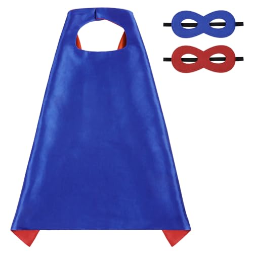 AUYAO Capas Superheroes Niños, Conjunto de Disfraz de Capas de Héroes con Máscara, Capa de Doble Cara y Máscaras, Disfraces de Niños Fiesta Navidad, Halloween, Cosplay, Cumpleaños, Azul y Rojo