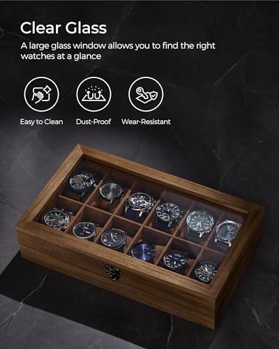 Image of SONGMICS 12-Slot Watch Box, Watch Display Case with Large Glass Lid, Removable Pillows, Velvet Lining, Gift Idea, Rustic Walnut UJOW120K01
