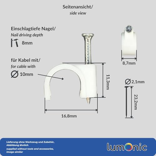 Lumonic 100 x Nail Clamp 10 mm for White Cable - Clamp with 22 mm Nail e.g. for Wall Mounting - Cable Ties Dif - Image 2