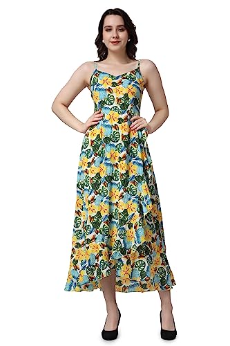 Image of POPWINGS Casual Floral Printed Maxi Length Fit & Flare Dress for Women || Summer Dress for Women || Flare Maxi Dress for Women Stylish || Sleeveless Dress for Women