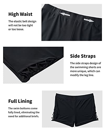 Holipick Plus Size Swim Shorts For Women High Waist Swim Bottoms Tummy Control Bathing Suit Shorts Strappy Swimsuit Boyshorts Black #TOP1