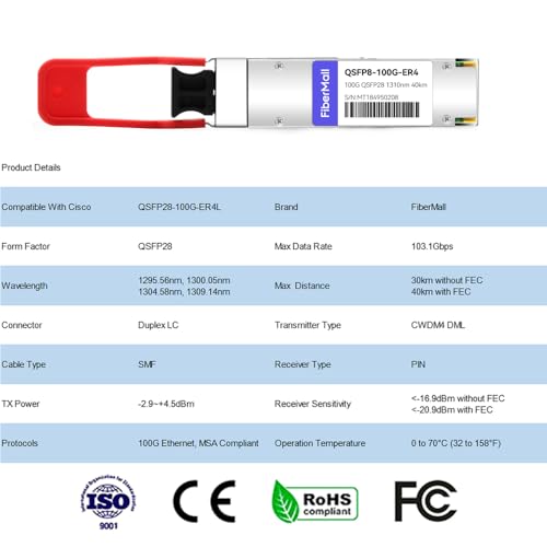 Image of QSFP28 100G ER4 Lite Transceiver Module,Compatible with Cisco QSFP-100G-ER4L-S 100GBASE-ER4 QSFP28 1310nm LAN WDM 40km with FEC,30km Without FEC LC SMF DDM