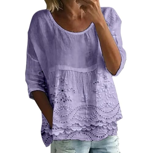 Summer Tops for Women 2025 Trendy Floral Print Round Neck 3/4 Length Sleeve Shirts Peasant Loose Boho Tops