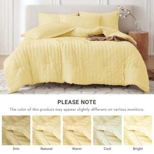 Image of MUXHOMO 7 Pieces Full Comforter Set, Seersucker Bed in a Bag Full Size, All Season Luxury Bedding Set with Comforter, Flat Sheet, Fitted Sheet, Pillowcases & Shams, Yellow