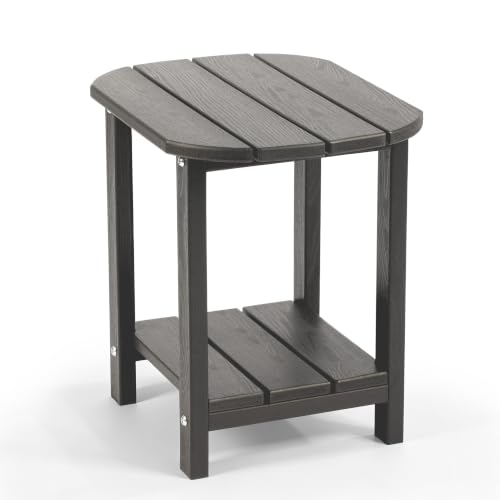 Image of Outdoor Side Table with Shelf - All-Weather HDPE End Table with Realistic Wood Grain, Heavy Duty Composite for Patio, Deck, Poolside, Garden & Adirondack Seating (Gray)