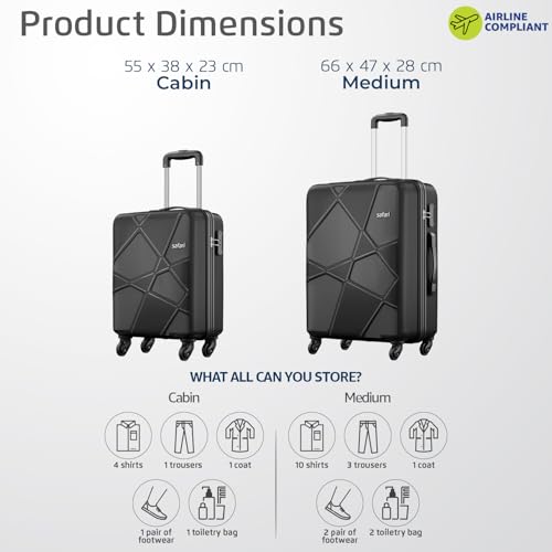 Image of Safari Medium Polypropylene Pentagon Hardside Small and Size Cabin & Check-in Luggage Set of 2 Speed Wheel 8 Wheel Suitcase Trolley Bags for Travel Black Color 55Cm & 66Cm