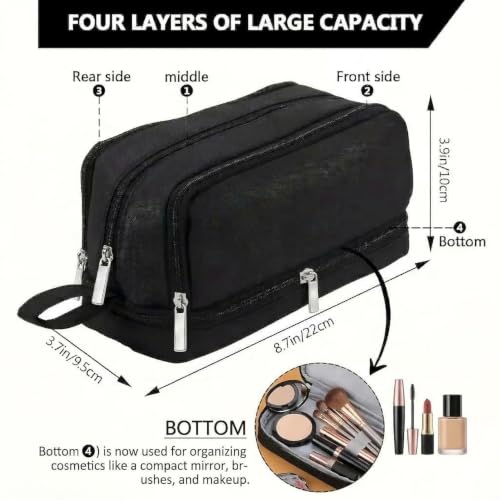 Image of Multi-Compartment Travel Makeup Organizer Bag for Women, Large Capacity Cosmetic Pouch with Multiple Zipper Compartments, Makeup Brush Holder & Mesh Pocket, Portable Toiletry Storage Bag - Black