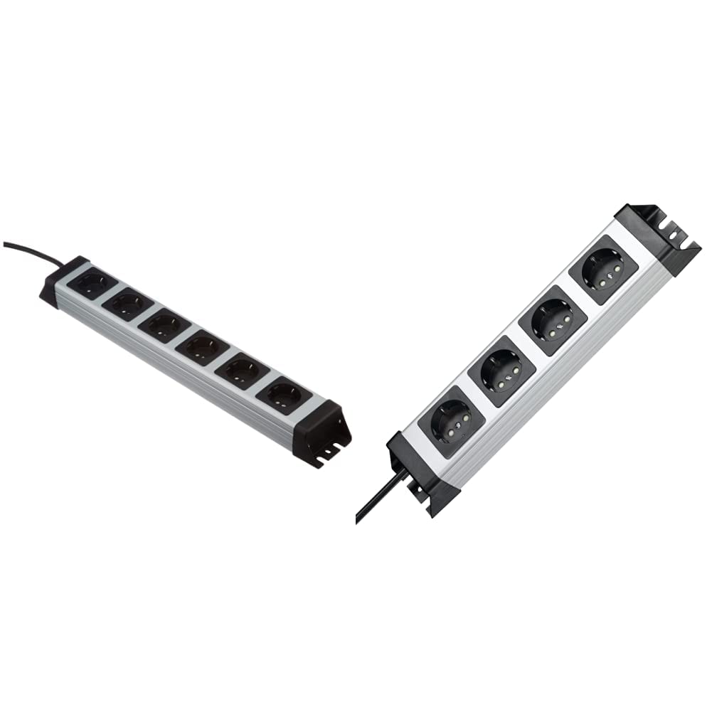 Kopp Powerversal Steckdosenleiste, 6-Fach, IP 20, 1,4 m Zuleitung, 226720018 & Powerversal Steckdosenleiste 4-Fach, 1,40 m Zuleitung, 3600W/16A, 90° gedrehte Anschlüsse, Silber-Schwarz, 226120010