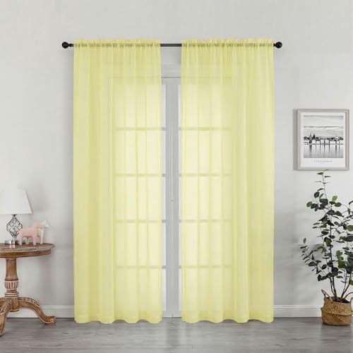 Image of OWENIE Sheer Curtains 78 Inches Long 2 Panels Set for Bedroom Living Room, Soft Solid Light Filtering Sheer Curtain Rod Pocket Clear Drapes for Window Sliding Door, Light Yellow, 42 inch W x 78 inch L
