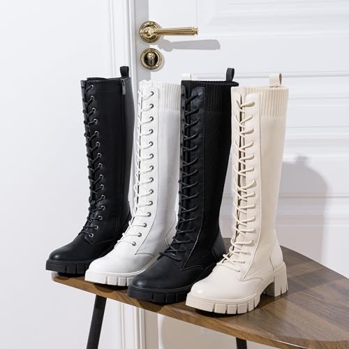 Image of Vepose Women's 953 Knee High Combat Boots Chunky Platform Heel, Lace Up Gothic Punk Work Boots for Dresses and Jeans