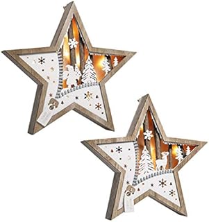 Valery Madelyn Wooden Christmas Decorations with LED Lights, Set of 2 Star Shaped Christmas Ornaments, Xmas Decoration with Hook for Tabletop, Wall, 10.8inch/27.5cm