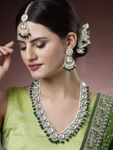 Image of Karatcart Gold Plated Green Crystal and Pearl Studded Kundan Rani-Haar Necklace Set for Women