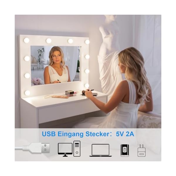 Led Spiegelleuchte, Hollywood Schminklicht für Spiegel mit USB Kabel, 10 Dimmbar Make Up Licht Beauty Leuchte Beleuchtung LED Spiegellampe für Schminktisch Kosmetikspiegel Badzimmer Spiegel – Bild 6